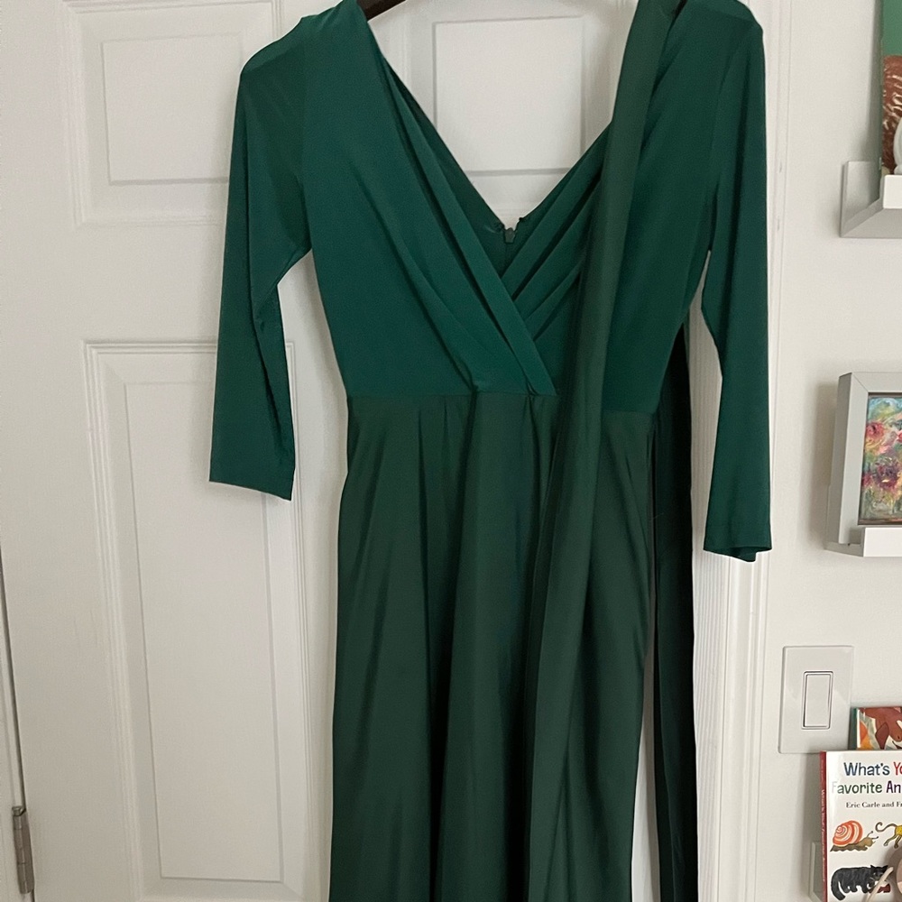 V-Neck 3/4-Sleeve Marocain Jersey-Bodice A-Line Gown